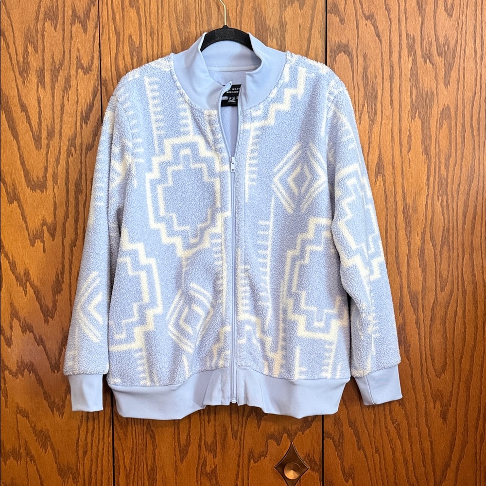Susan Graver Weekend Blue Geometric Zip Up Fleece Jacket Size 1X